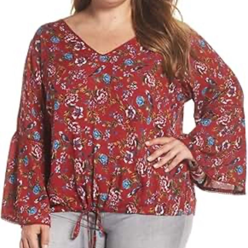 Angie Top Womens plus Size 3X Printed Woven Boho Floral Red Tunic Rayon Blouse